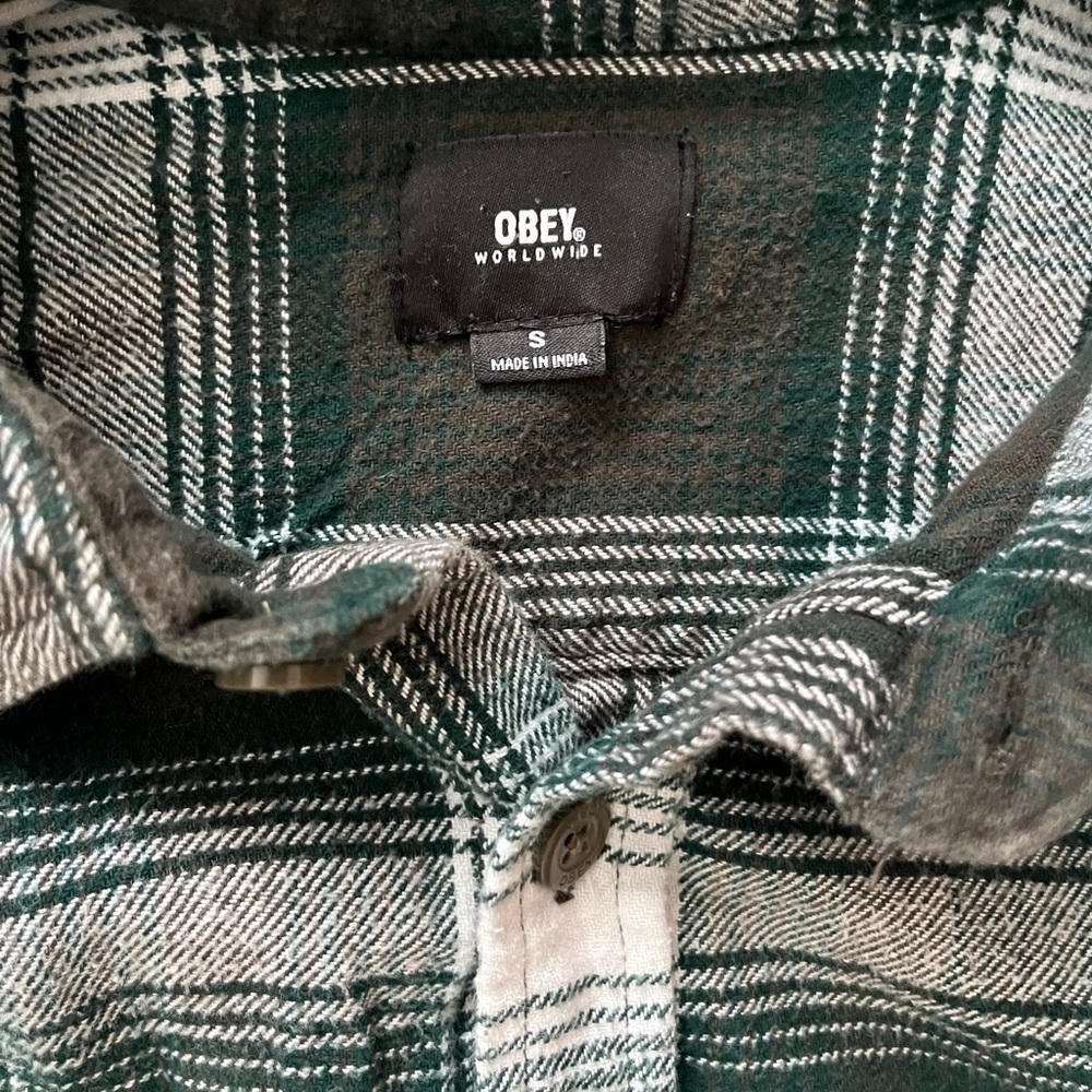 Obey Men's Green and White Checkered Shirt